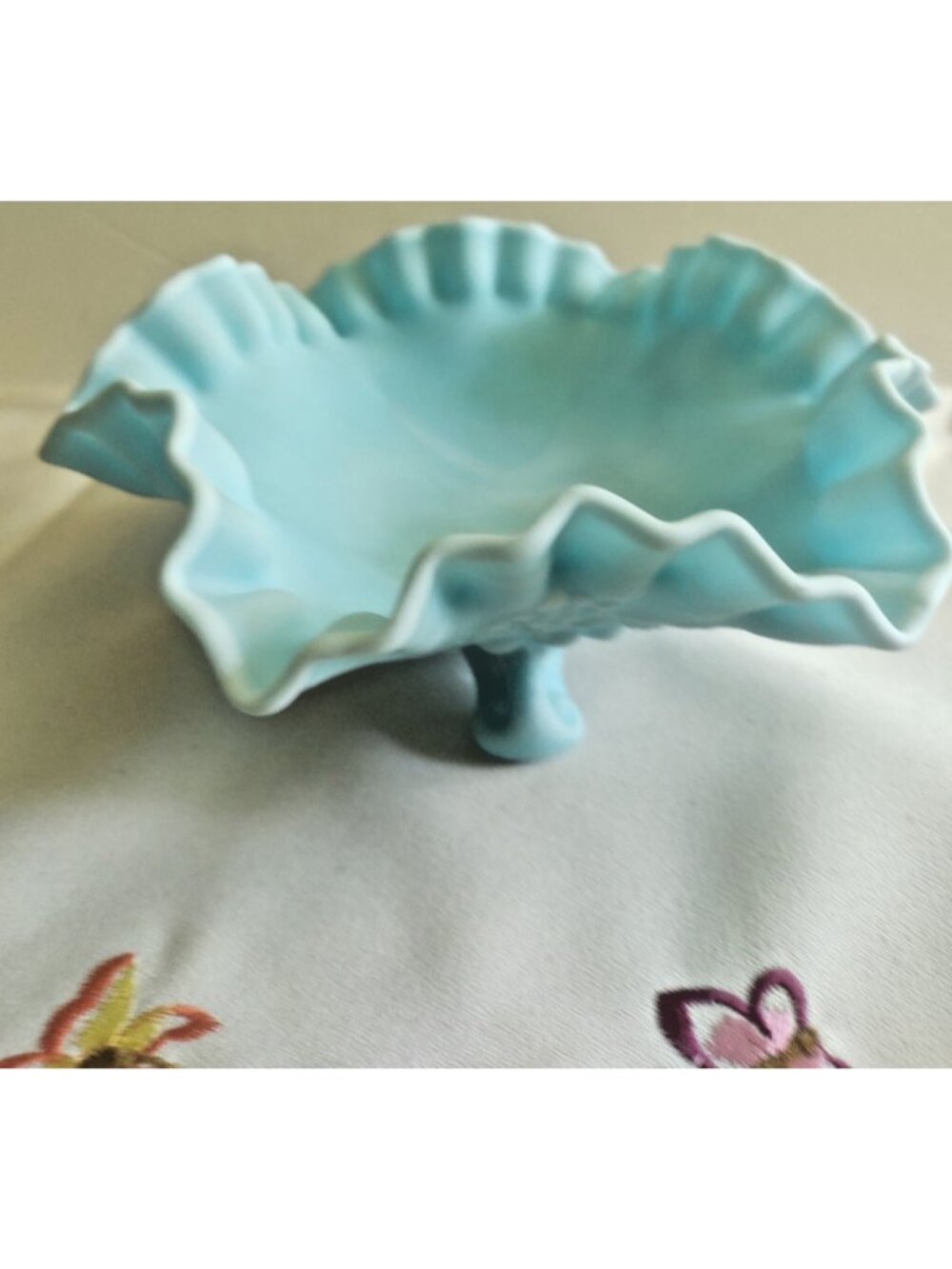 Vintage Westmoreland Blue Satin Finish Glass Ruffled Grape Pattern 3 legs 8" dia